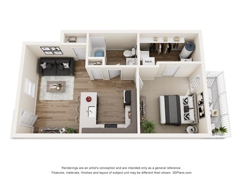 Floor plan for 1 bed, 1 bath, 680 sqft